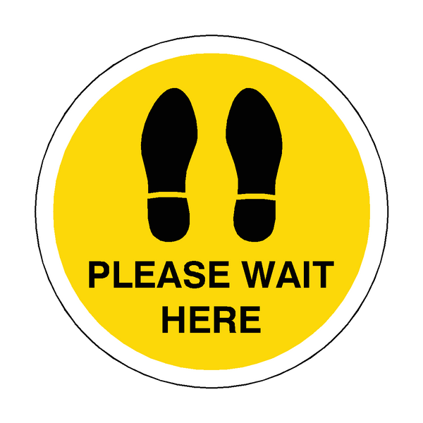 Please Wait Here Floor Sticker - Yellow - PVC Safety Signs