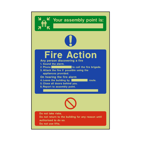 Assembly Point Fire Action Photoluminescent Sign - PVC Safety Signs