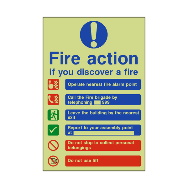 Fire Action Lift & Telephone Photoluminescent Sign - PVC Safety Signs