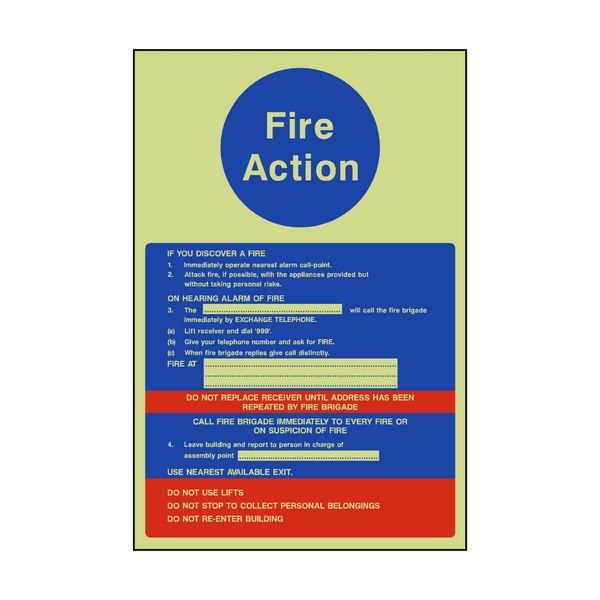 Fire Action Notice Version 2 Photoluminescent Sign - PVC Safety Signs