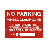 No Parking Wheel Clamp Fine Sign - PVC Safety Signs