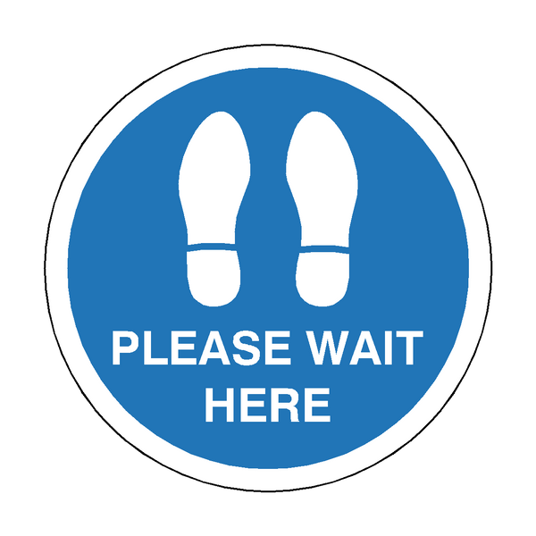 Please Wait Here Floor Sticker - Blue - PVC Safety Signs