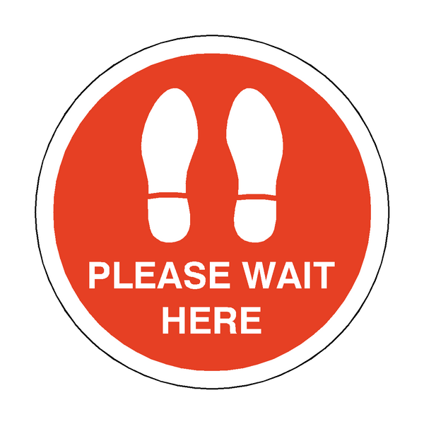 Please Wait Here Floor Sticker - Red - PVC Safety Signs
