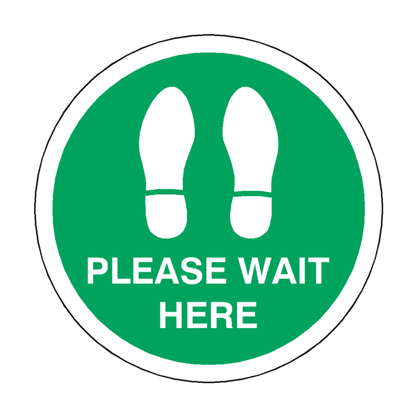 Please Wait Here Floor Sticker - Green - PVC Safety Signs