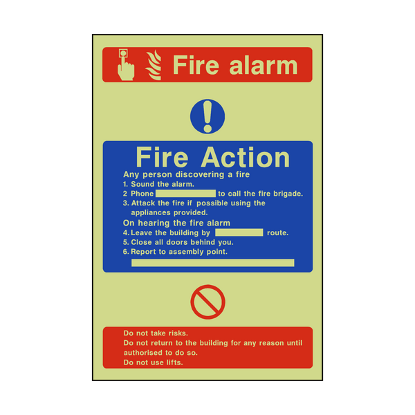 Fire Action Fire Alarm Photoluminescent Sign - PVC Safety Signs