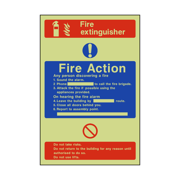 Fire Action Fire Extinguisher Photoluminescent Sign - PVC Safety Signs