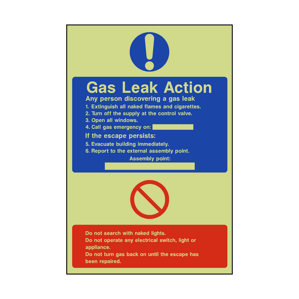 Fire Action Gas Leak Photoluminescent Sign - PVC Safety Signs