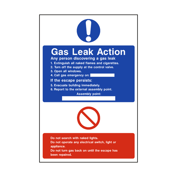 Fire Action Gas Leak Sign - PVC Safety Signs
