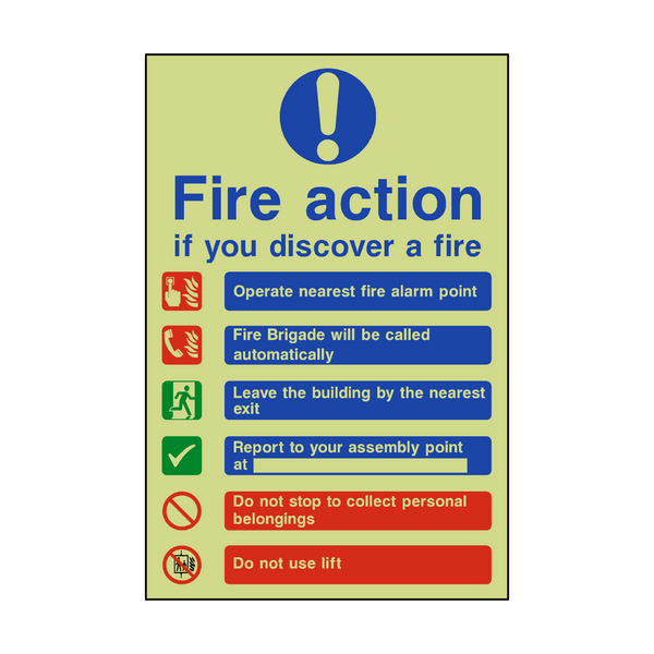 Fire Action Lift & Automatic Alarm Photoluminescent Sign - PVC Safety Signs
