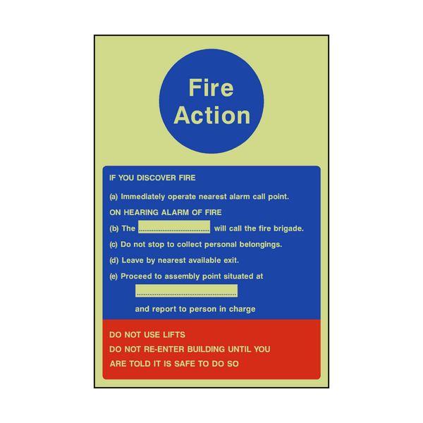 Fire Action Notice Version 1  Photoluminescent Sign - PVC Safety Signs