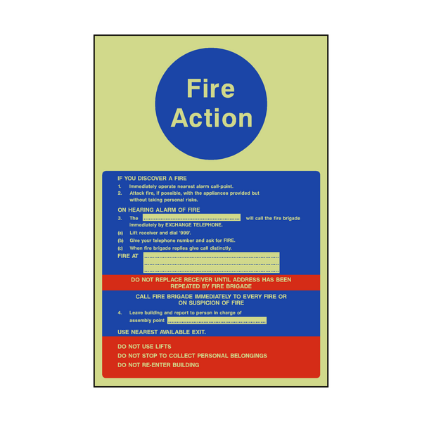 Fire Action Notice Version 2  Photoluminescent Sign - PVC Safety Signs