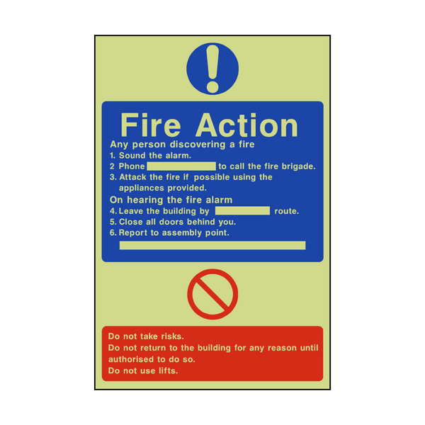 General Fire Action Photoluminescent Sign - PVC Safety Signs