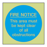 Fire Notice Area Kept Clear Photoluminescent Sign - PVC Safety Signs